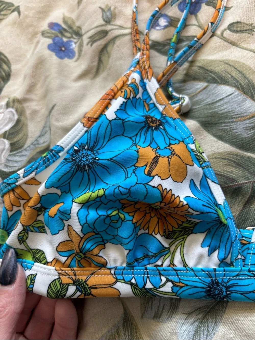 Floral Triangle Bikini Top in Blue & Orange